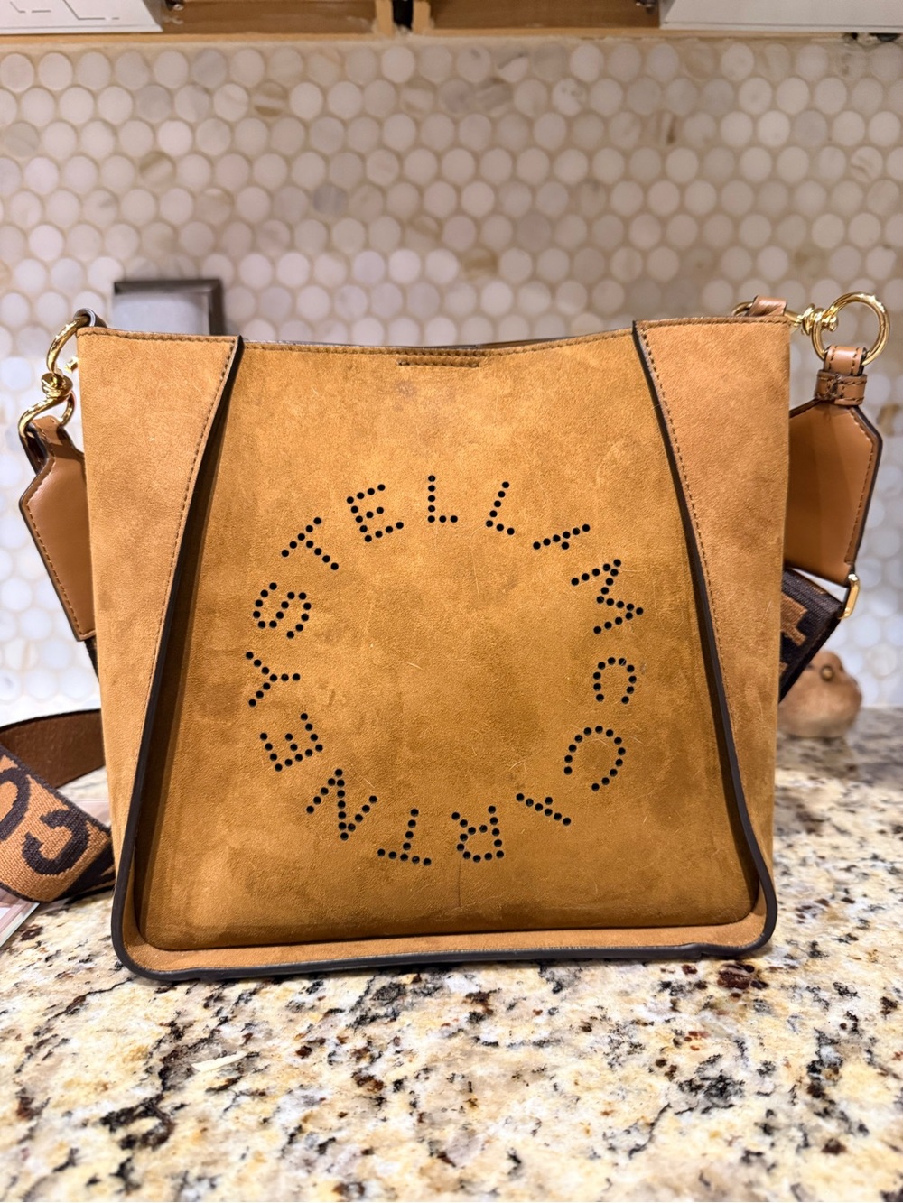 Stella McCartney Chestnut Suede Perforated Logo Crossbody Bag